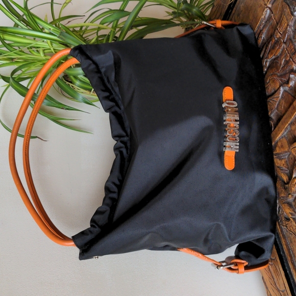 Handbags - Moschino black tote/shoulder bag with tan/brown leather handles and trim